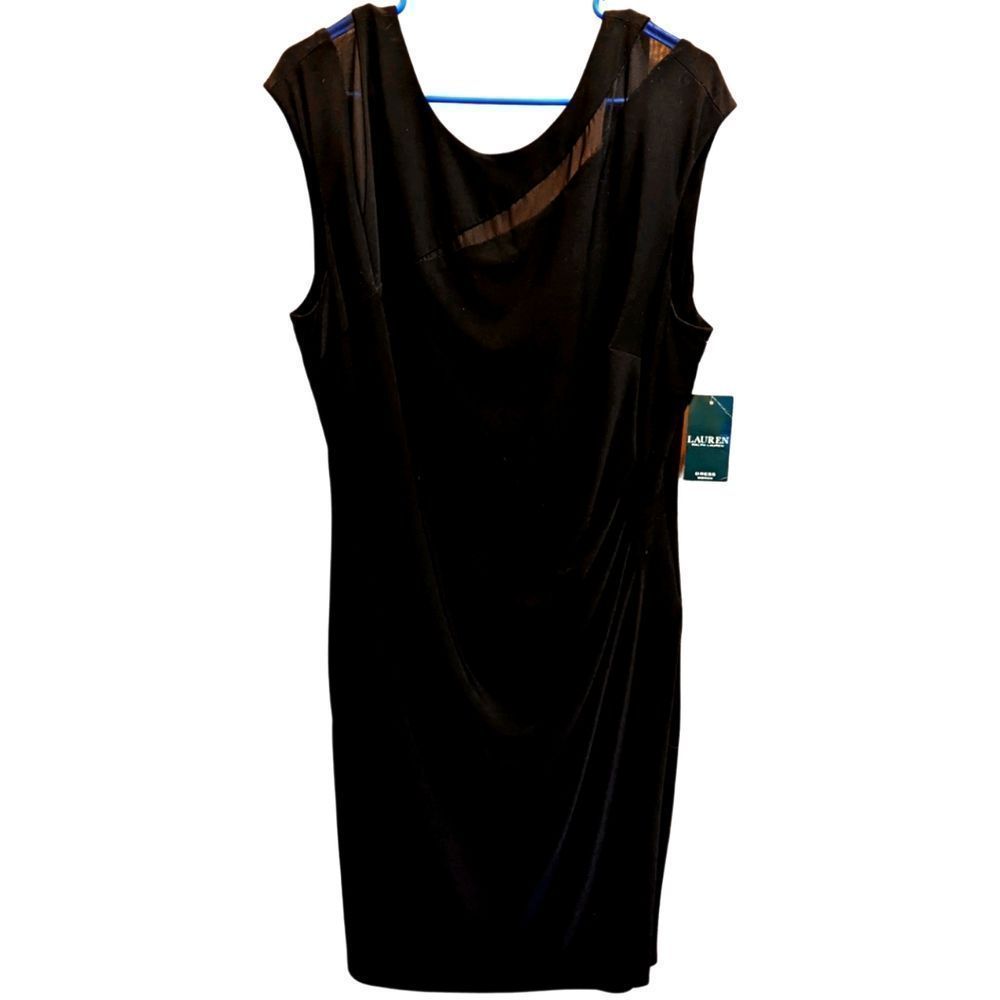 Ralph Lauren mesh inset side pleat jersey sheath dress black in an 18W